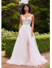 White Lace Tulle V Back Floral Garden Wedding Dress